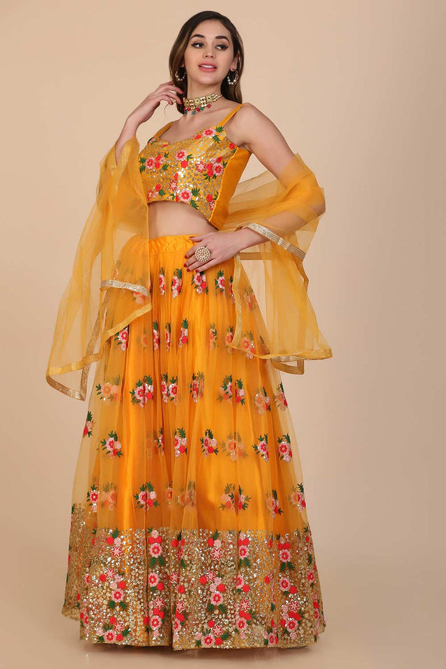 Yellow Net Embroidered Lehenga Choli