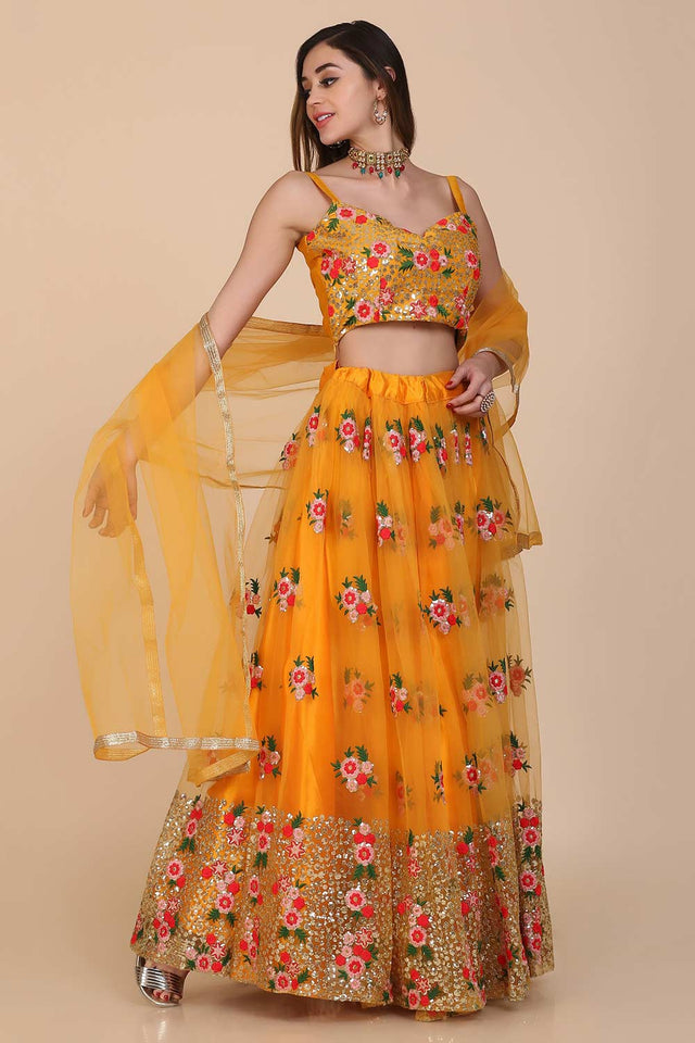 Yellow Net Embroidered Lehenga Choli