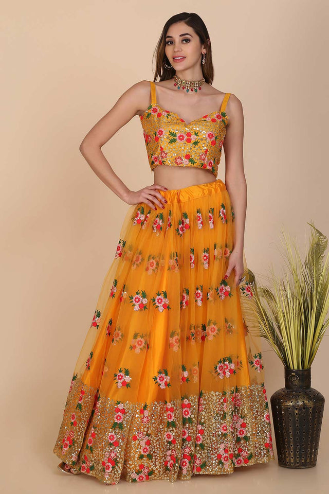 Yellow Net Embroidered Lehenga Choli