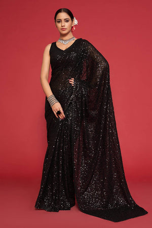 Black Faux Georgette Sequins Saree