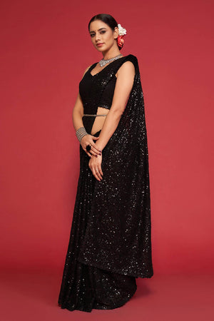 Black Faux Georgette Sequins Saree