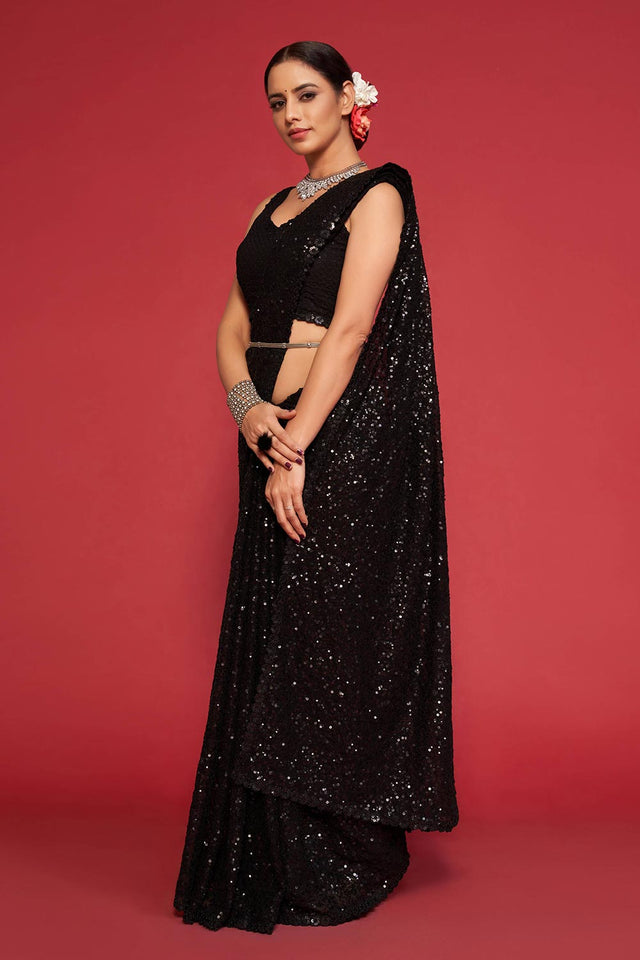 Black Faux Georgette Sequins Saree