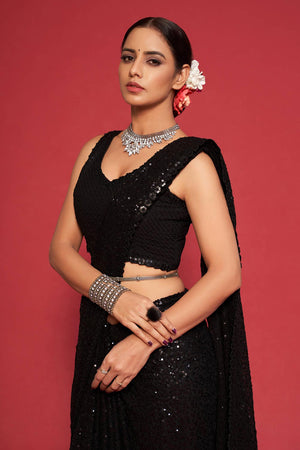 Black Faux Georgette Sequins Saree