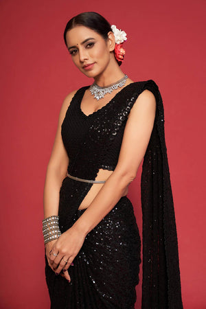 Black Faux Georgette Sequins Saree