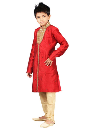 Boys Red Art Dupion Silk Embroidered Emblished Sherwani Set