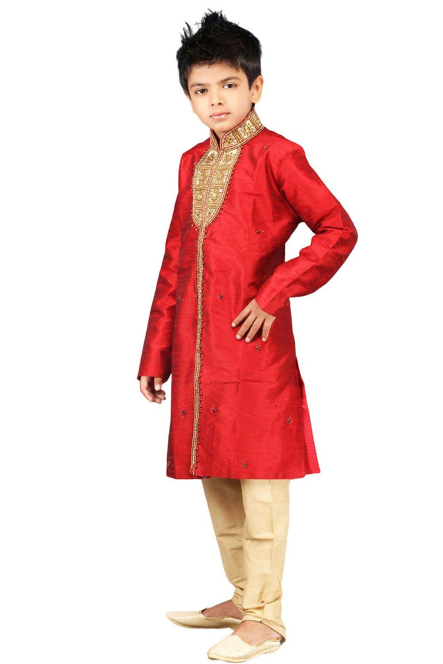Boys Red Art Dupion Silk Embroidered Emblished Sherwani Set