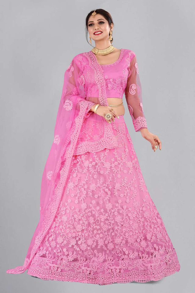 Pink Net Embroidered Lehenga Choli