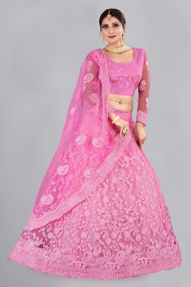 Pink Net Embroidered Lehenga Choli