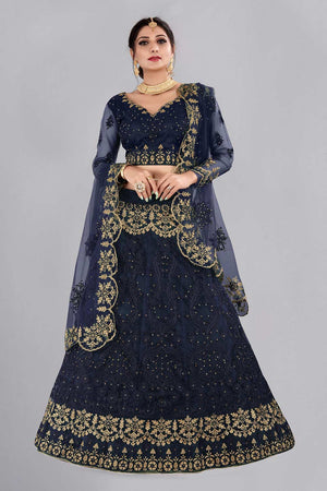 Blue Net Embroidered Lehenga Choli