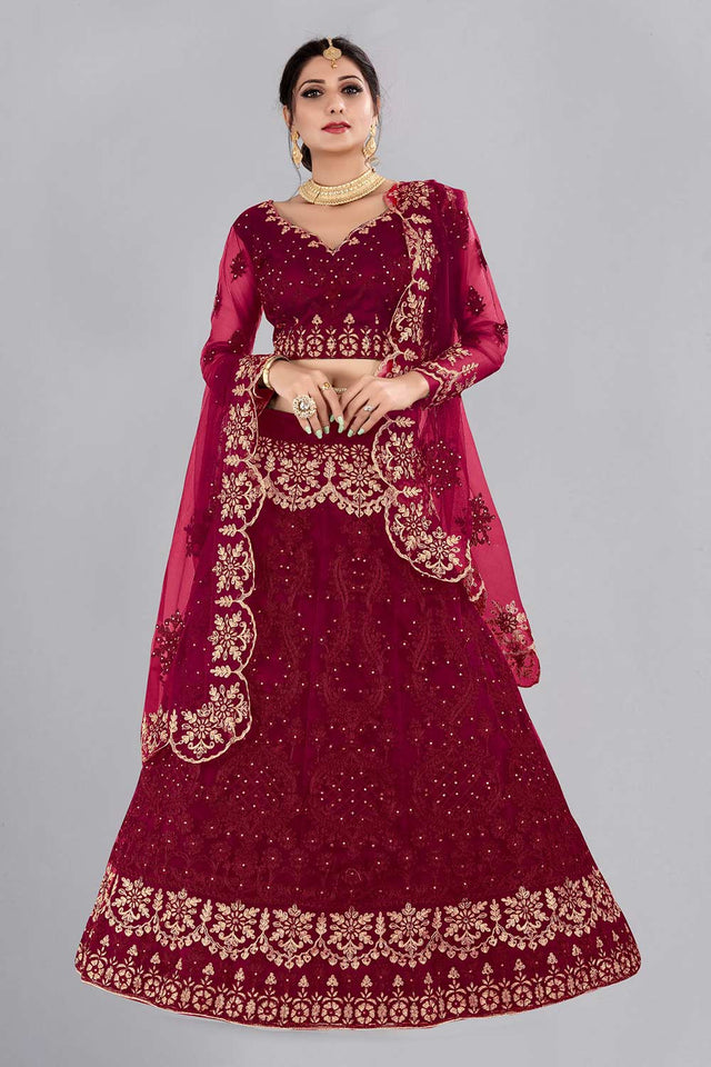 Maroon Net Embroidered Lehenga Choli