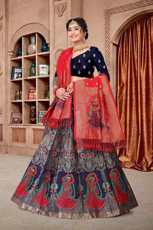 Blue Jacquard Zari Woven Lehenga Choli