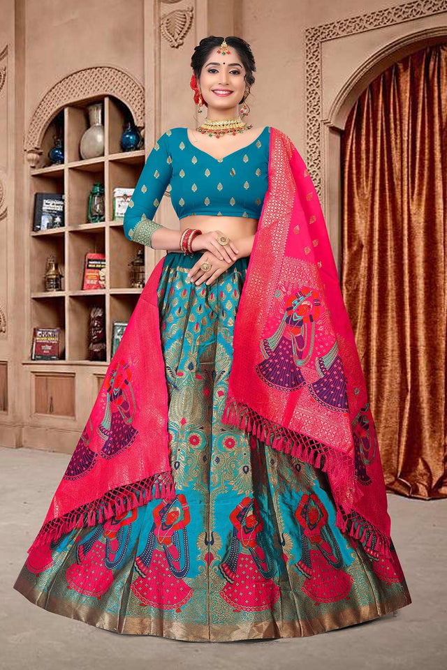 Blue Jacquard Zari Woven Lehenga Choli