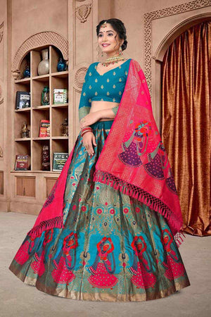 Blue Jacquard Zari Woven Lehenga Choli