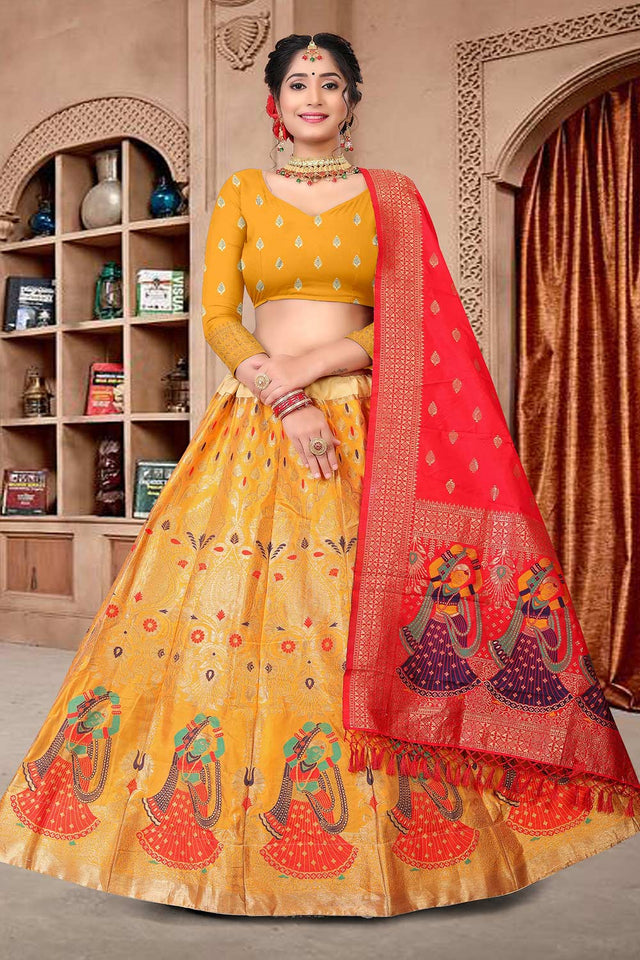 Yellow Jacquard Zari Woven Lehenga Choli
