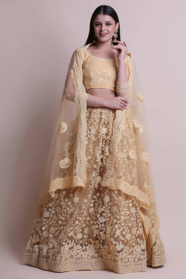 Off White Net Embroidered Lehenga Choli