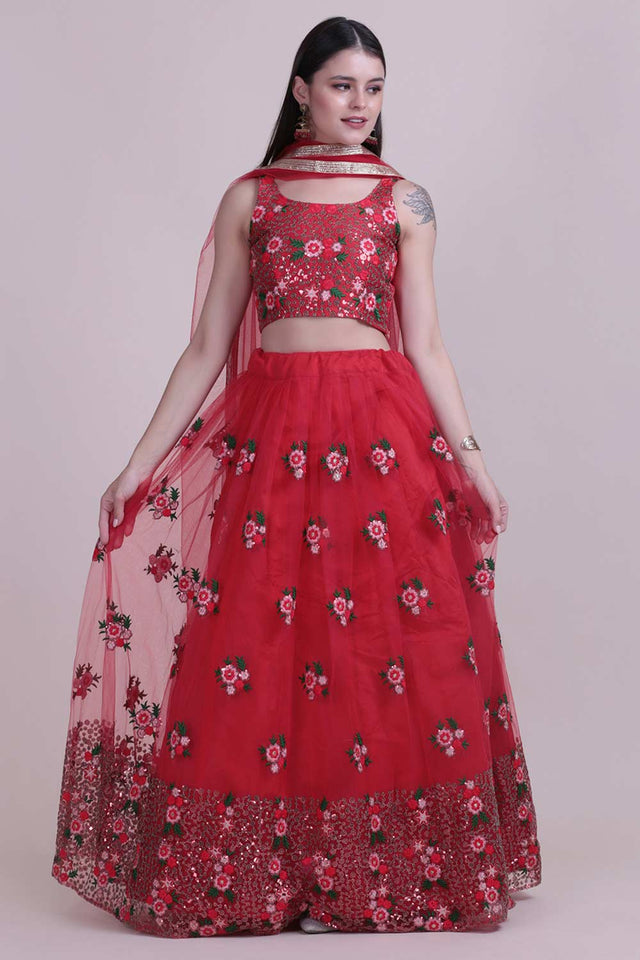 Red Net Embroidered Lehenga Choli