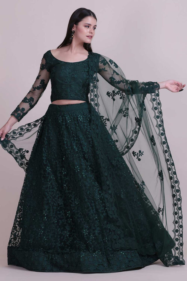 Green Net Embroidered Lehenga Choli