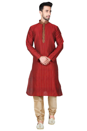 Buy Men's Art Silk Threading Kurta Set in Maroon