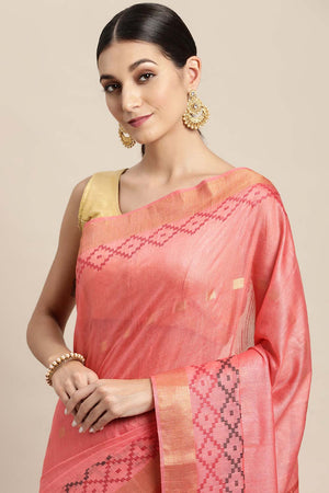 Peach Silk Blend Bhagalpuri Woven Design Saree