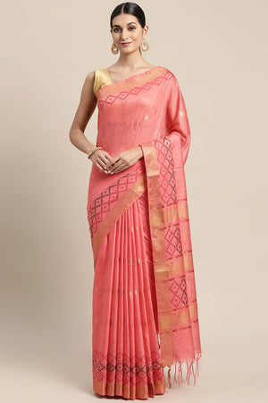 Peach Silk Blend Bhagalpuri Woven Design Saree