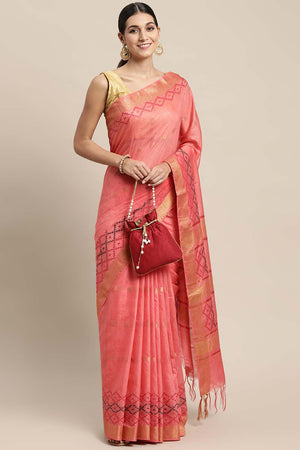 Peach Silk Blend Bhagalpuri Woven Design Saree
