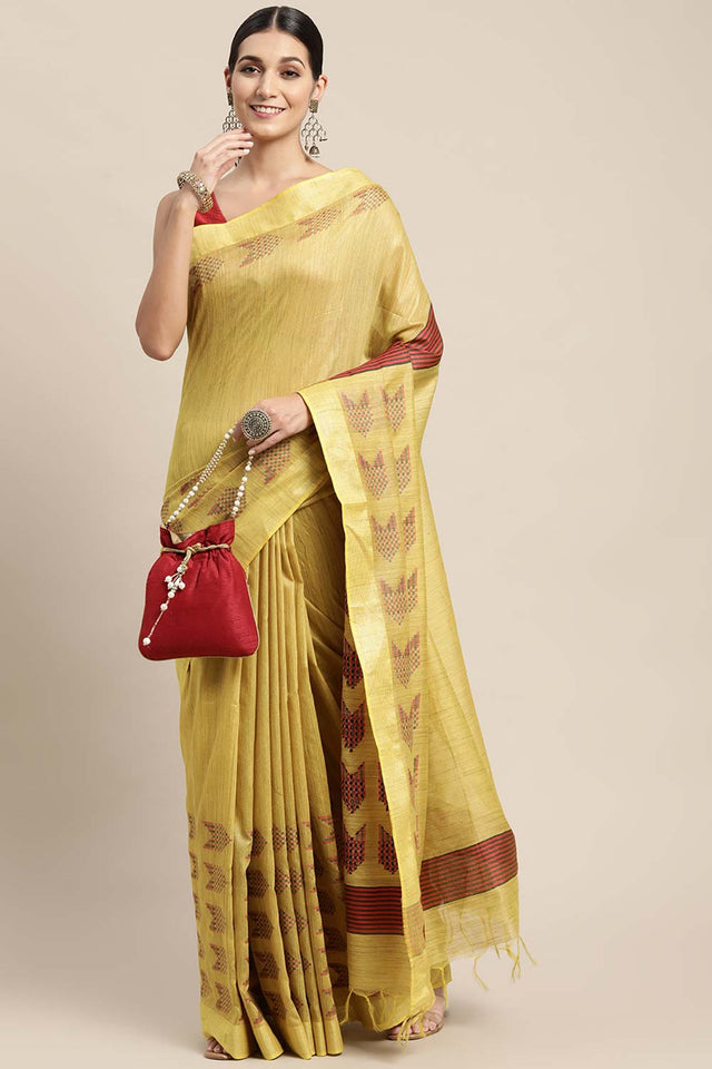Yellow Silk Blend Bhagalpuri Woven Design Saree