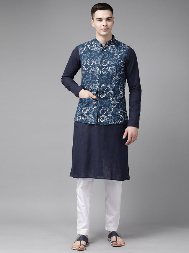 Buy Men's Navy Pure Cotton Printed Kurta Pajama Jacket Set Online