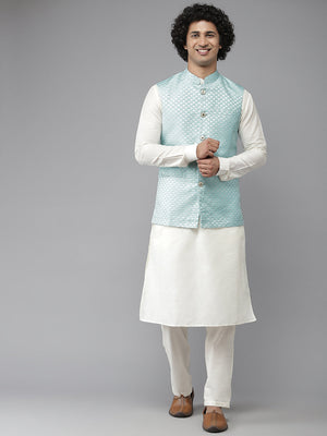 Buy Men's Off-White Silk Jacquard Woven Design Kurta Pajama Jacket Set Online - Side
