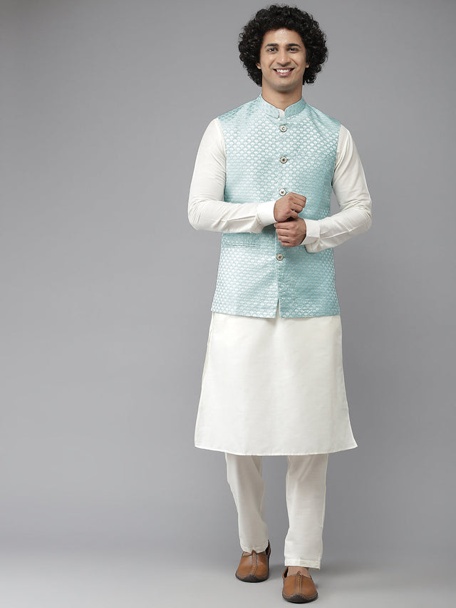 Buy Men's Off-White Silk Jacquard Woven Design Kurta Pajama Jacket Set Online - Side