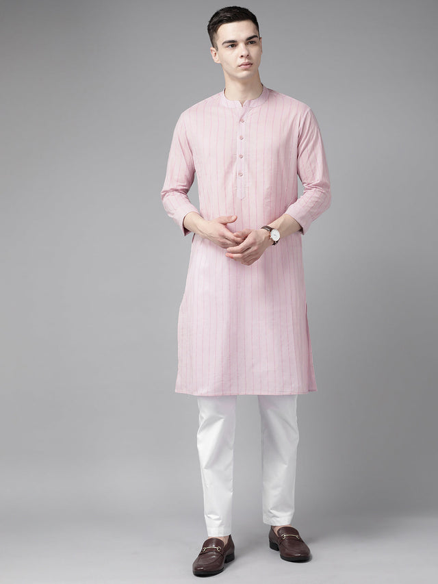 Buy Men's Pink Cotton Printed Straight Kurta Online