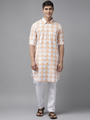 Buy Men's White Pure Cotton Chevron Printed Pathani Set Online - Back