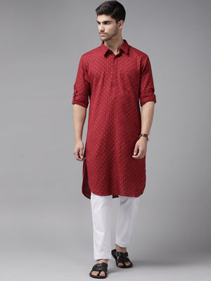 Buy Men's Maroon Pure Cotton Sequins Printed Pathani Set Online - Side