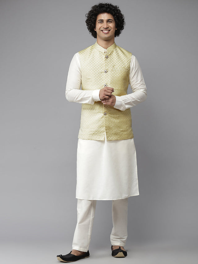 Buy Men's Off-White Silk Jacquard Woven Design Kurta Pajama Jacket Set Online - Side