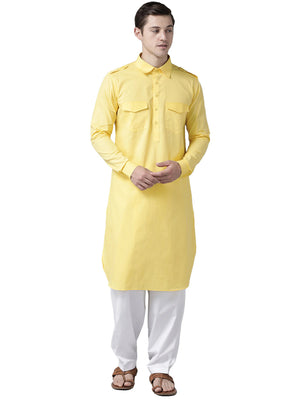 Buy Men's Yellow Cotton Solid Pathani Set Online - Back