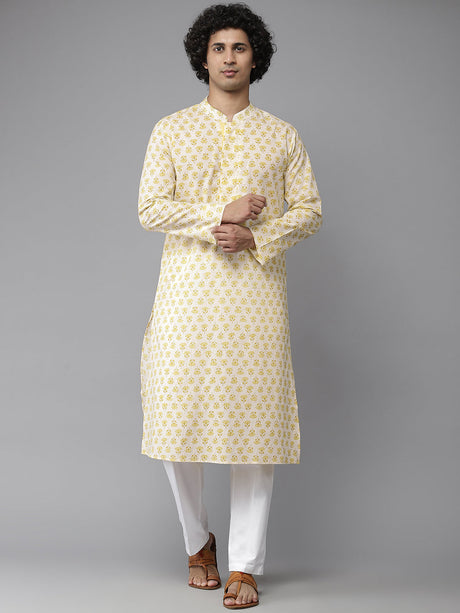 Buy Men's Yellow Pure Cotton Floral Printed Kurta Pajama Set Online - Back