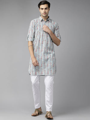 Buy Men's Multi Pure Cotton Chevron Printed Pathani Set Online - Back