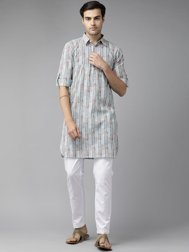 Buy Men's Multi Pure Cotton Chevron Printed Pathani Set Online - Back
