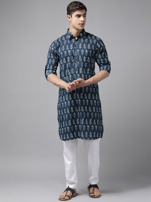 Buy Men's Indigo Pure Cotton Printed Pathani Set Online - Back
