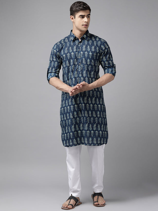 Buy Men's Indigo Pure Cotton Printed Pathani Set Online - Back