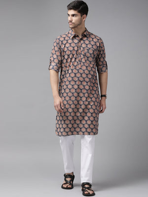 Buy Men's Blue Pure Cotton Motif Printed Pathani Set Online - Back