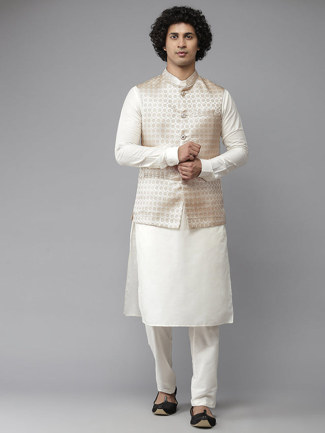 Buy Men's Off-White Silk Jacquard Woven Design Kurta Pajama Jacket Set Online - Side