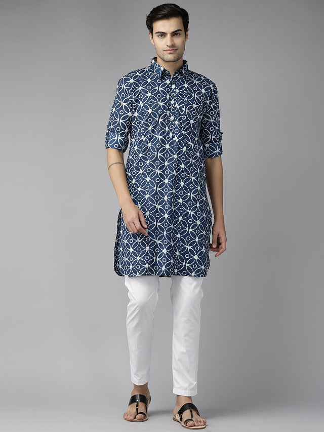 Buy Men's Blue Pure Cotton Motif Printed Pathani Set Online - Back