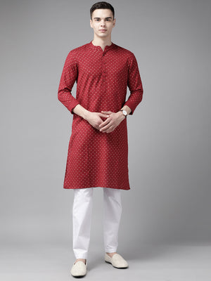 Buy Men's Maroon Cotton Printed Straight Kurta Online