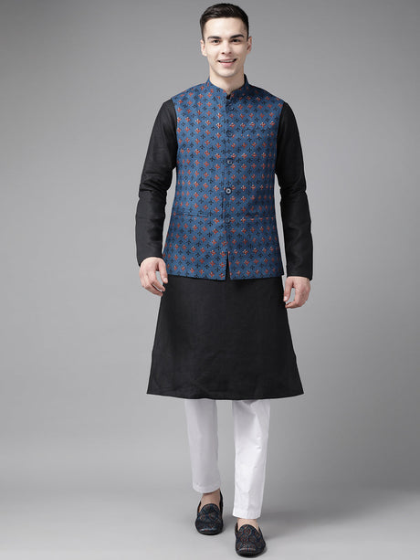 Buy Men's Blue Pure Cotton Printed Nehru Jacket Online - Back
