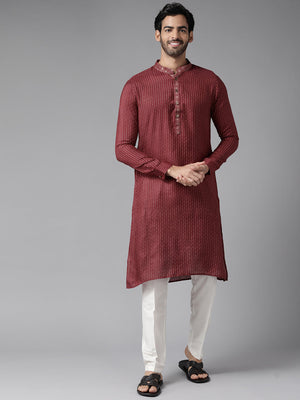 Buy Men's Maroon Cotton Woven Design Straight Kurta Online