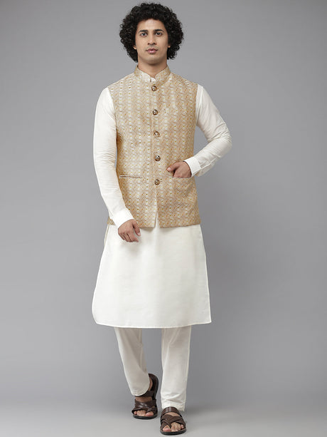 Buy Men's Gold Art Silk Jacquard Woven Design Nehru Jacket Online - Side