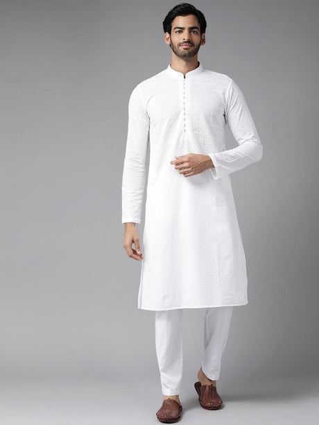 Buy Men's White Cotton Chikankari Embroidered Straight Kurta Online