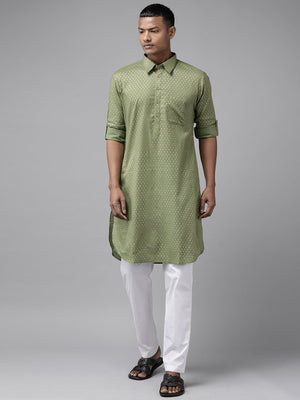 Buy Men's Olive Pure Cotton Printed Pathani Set Online - Front