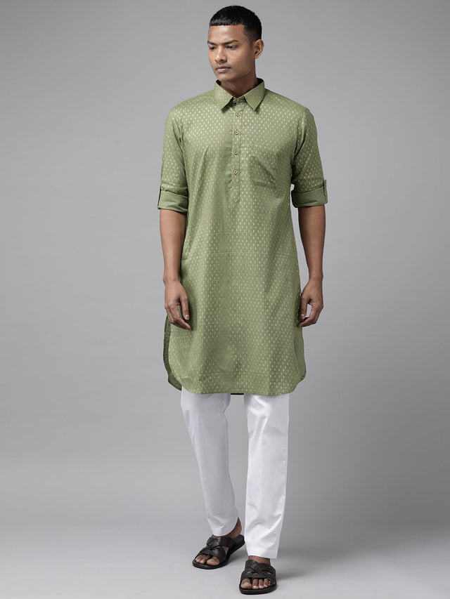 Buy Men's Olive Pure Cotton Printed Pathani Set Online - Front