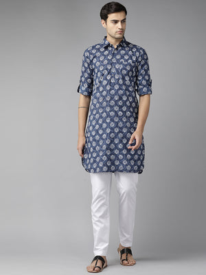 Buy Men's Indigo Pure Cotton Printed Pathani Set Online - Back